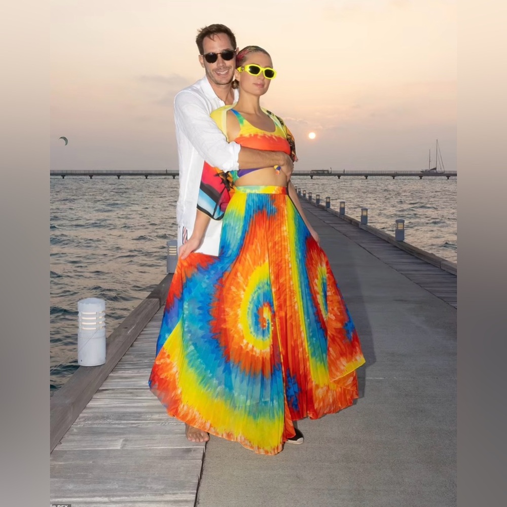 Alice + Olivia Rainbow Pleated Maxi Skirt Set Tie Dye Print Two Piece Boho Glam